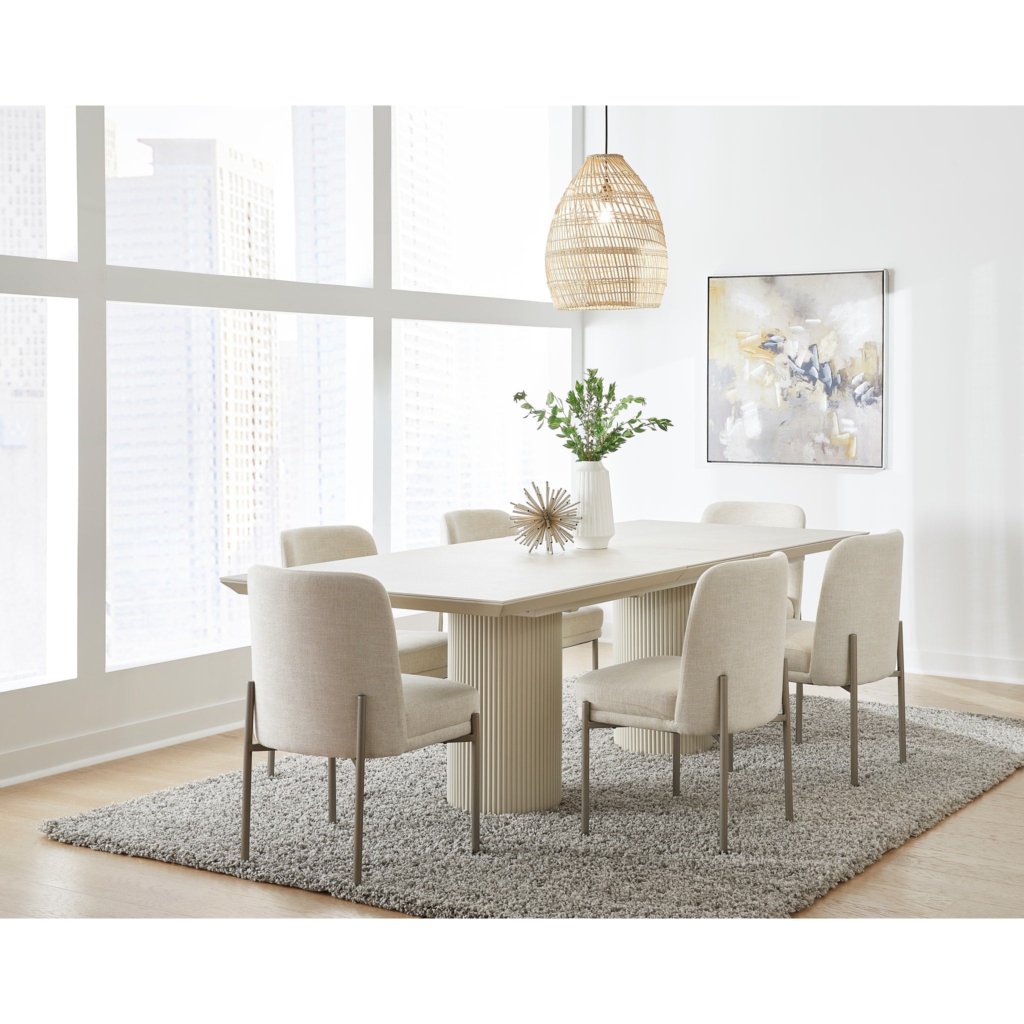 Cannon Stone Top Double Pedestal Extension Dining Table with Ivory Wood Base