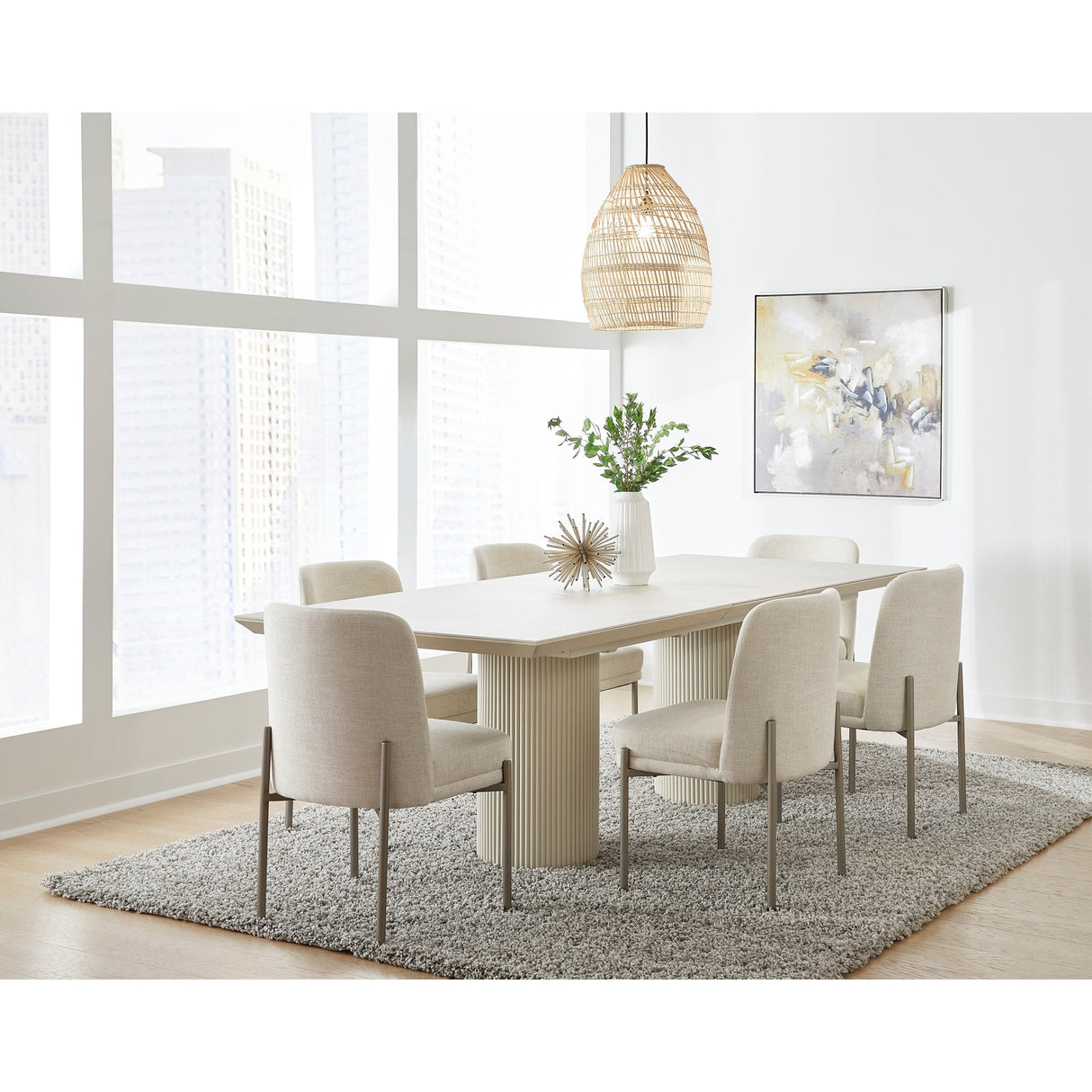 Cannon Stone Top Double Pedestal Extension Dining Table with Ivory Wood Base