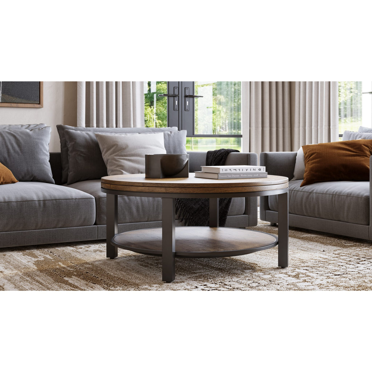 Canyon Solid Wood and Metal Round Coffee Table in Washed Grey
