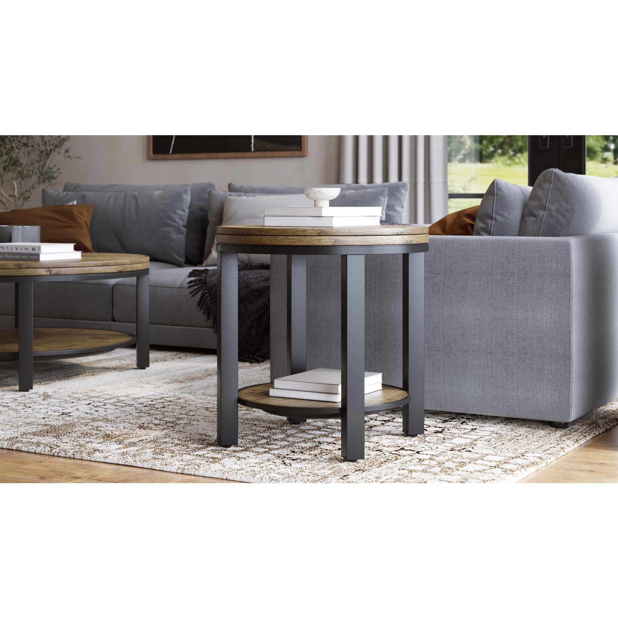 Canyon Solid Wood and Metal Round End Table in Washed Grey