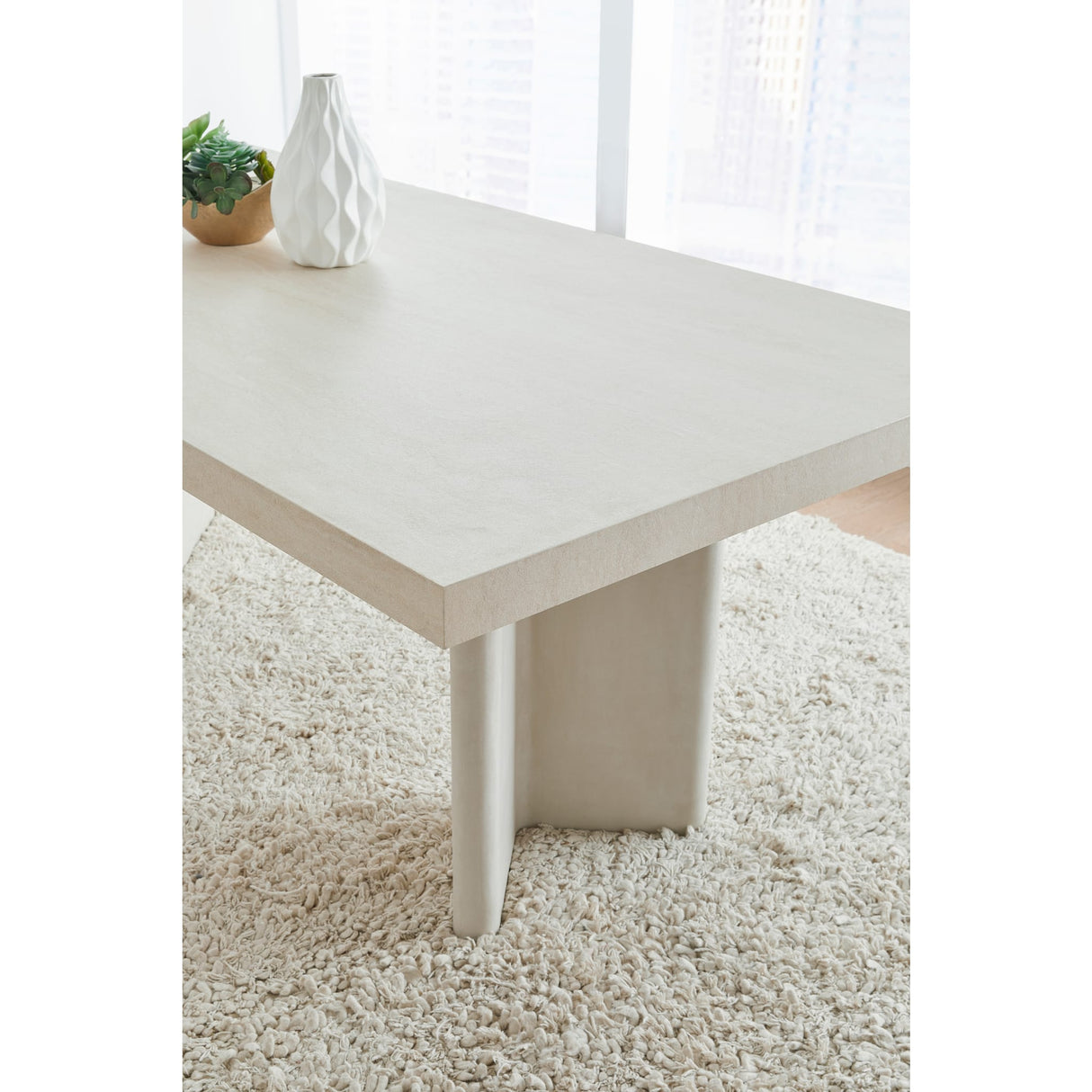 Caye Stone Top Double Pedestal Dining Table with Ivory Cement Base