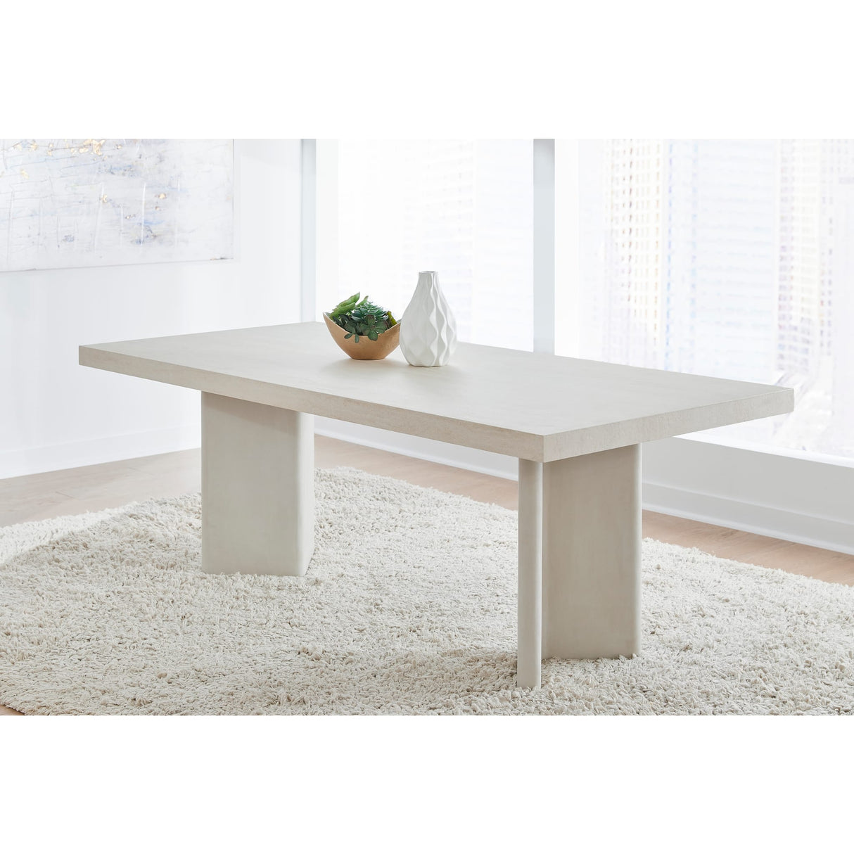 Caye Stone Top Double Pedestal Dining Table with Ivory Cement Base