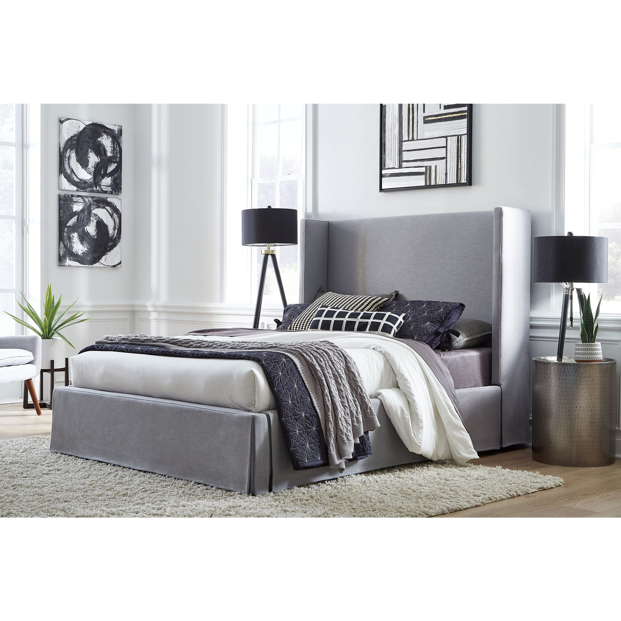 Cresta Upholstered Skirted Panel Bed in Fog