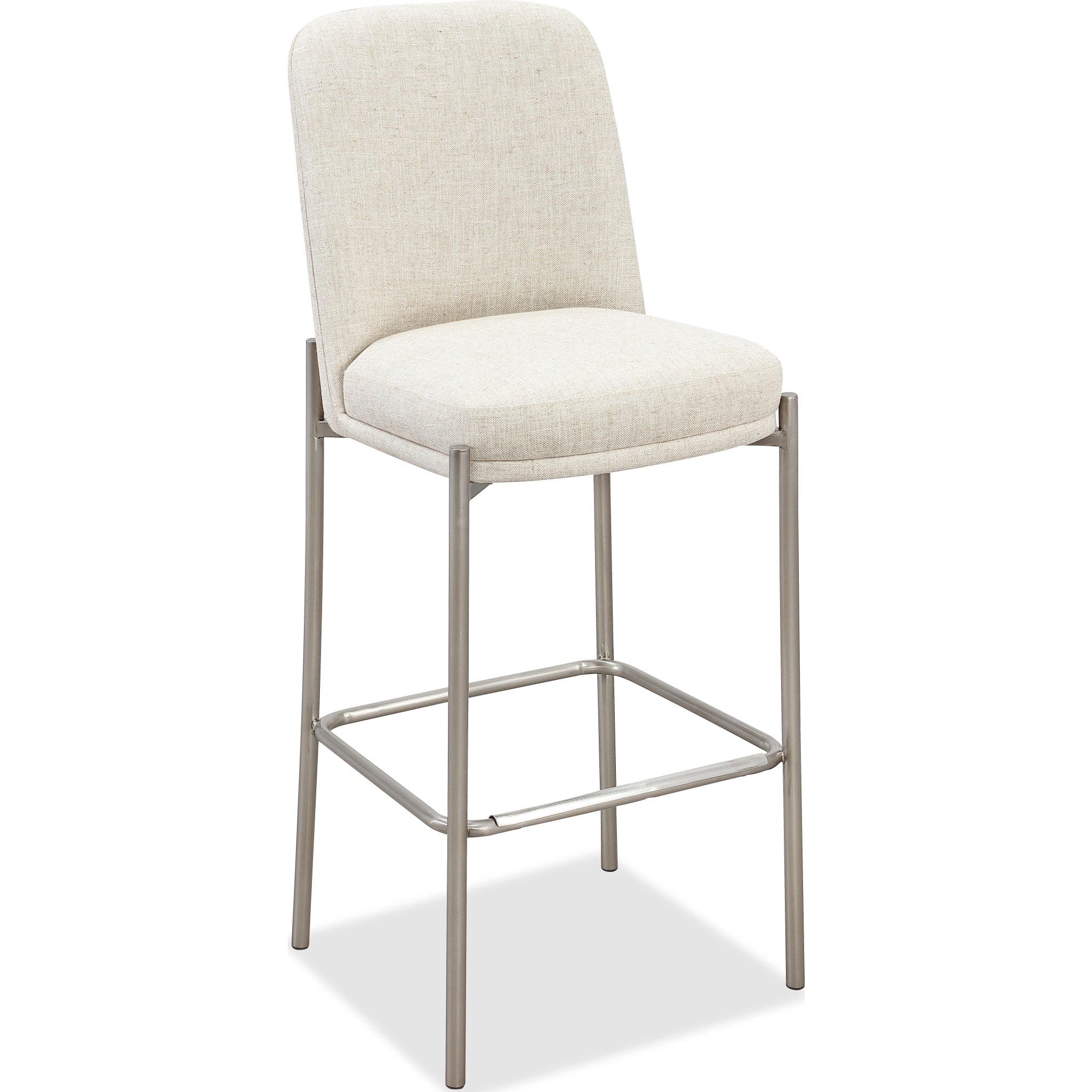 Dion Upholstered Bar Stool in Natural Light Linen and Brushed Nickel Metal