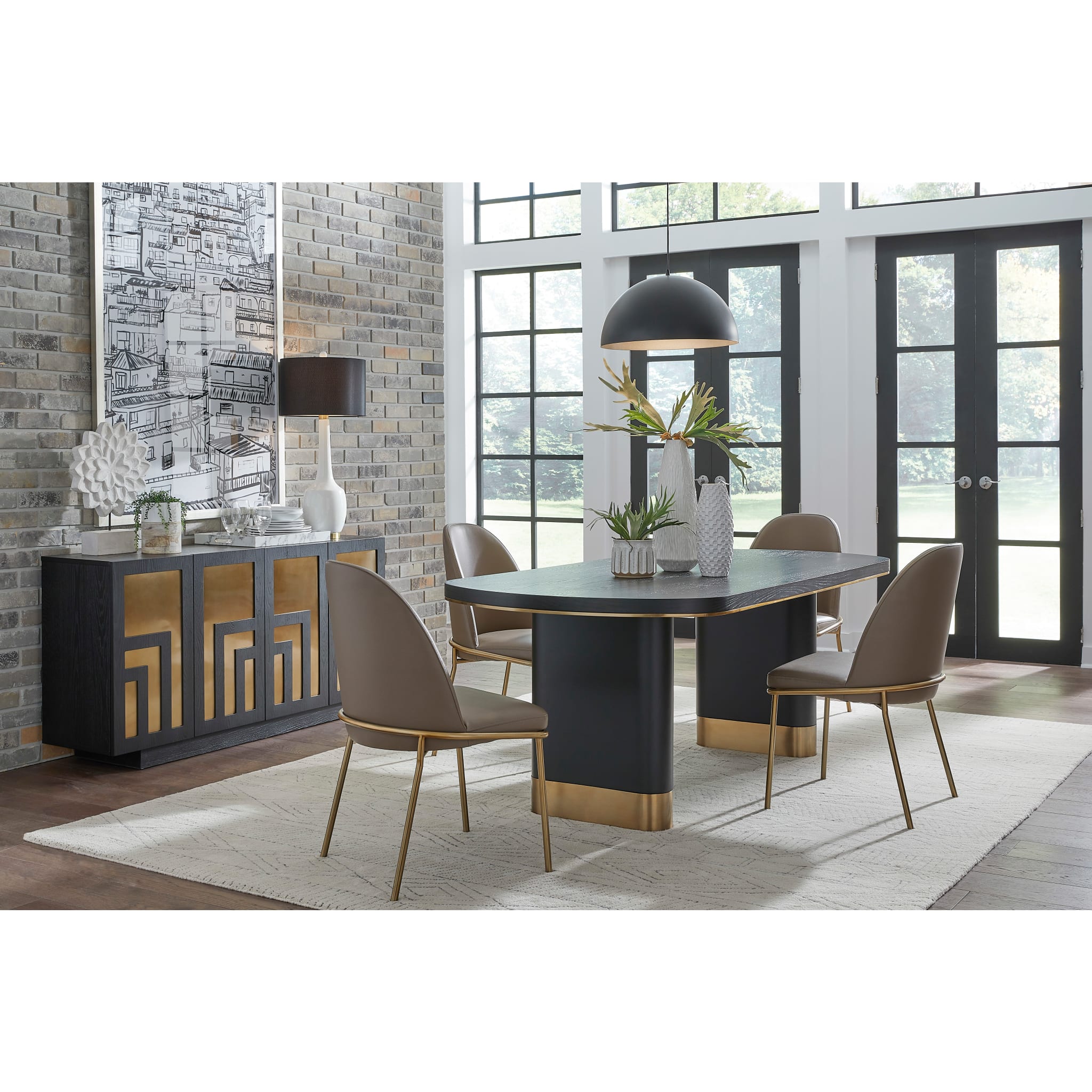Doheny Wood and Metal Oval Dining Table in Black and Brass
