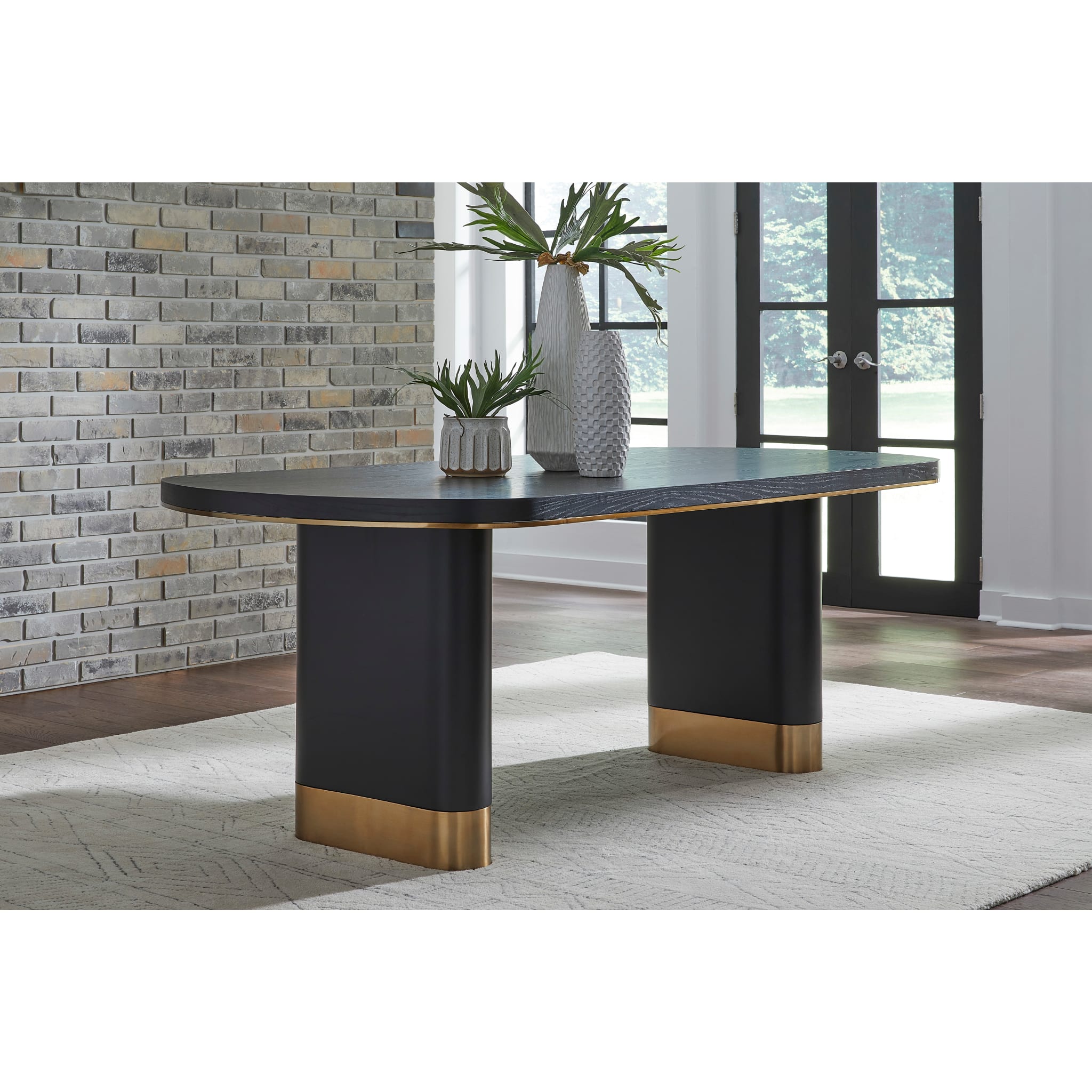 Doheny Wood and Metal Oval Dining Table in Black and Brass