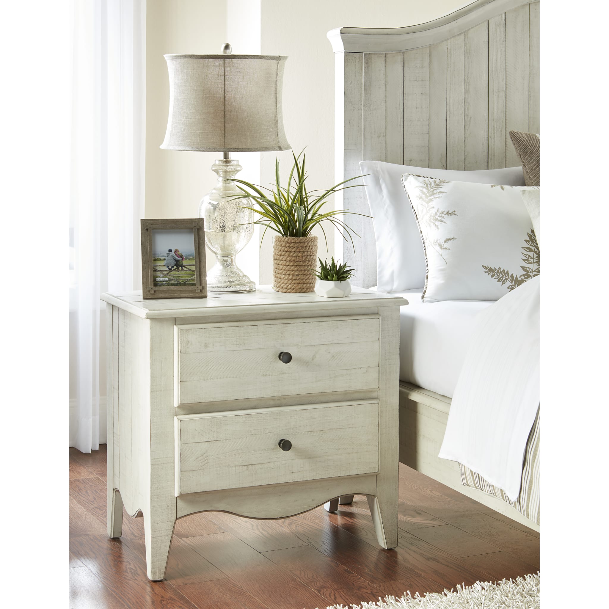 Ella Solid Wood Two Drawer Nightstand in White Wash