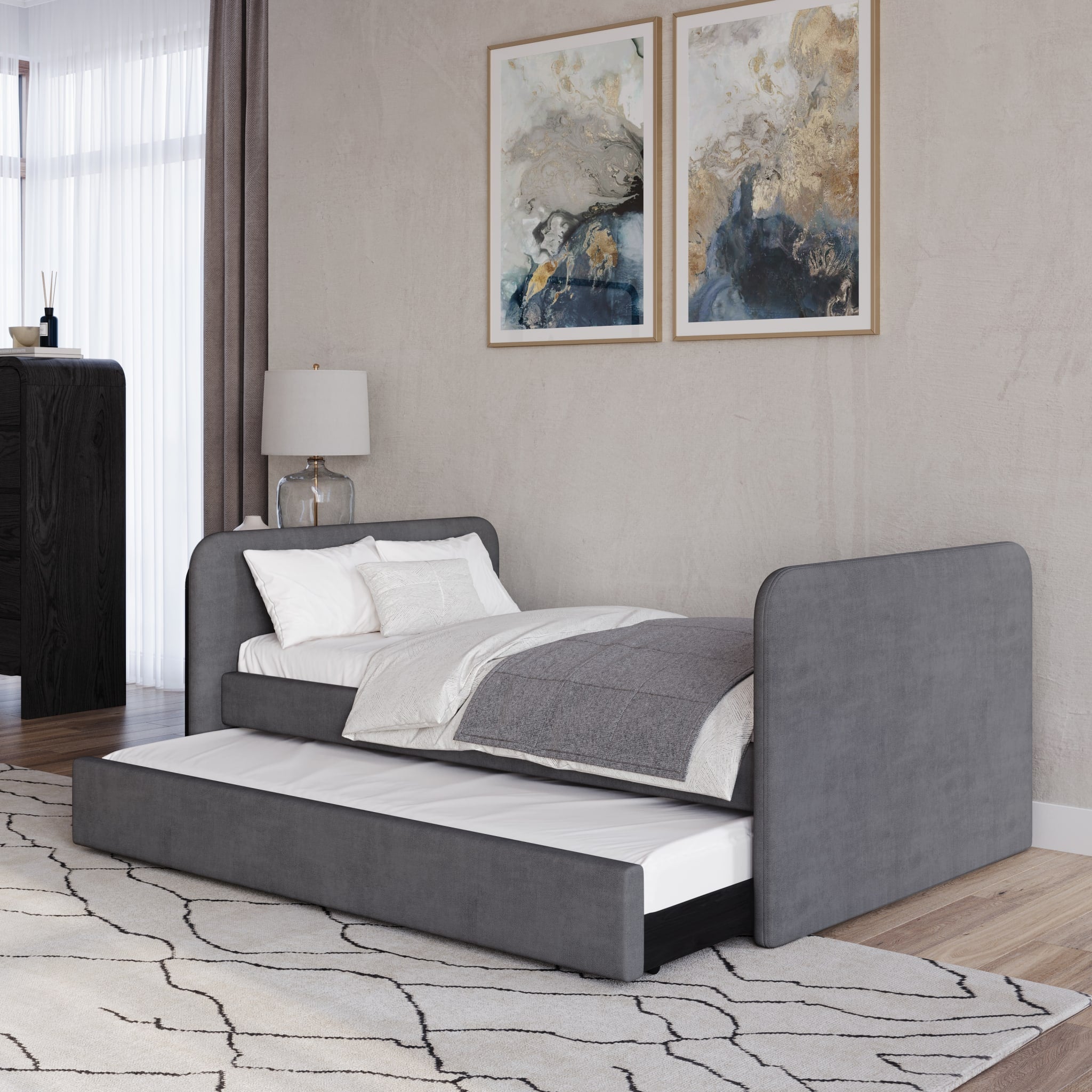 Elora Upholstered Daybed with Trundle in Charcoal Velvet
