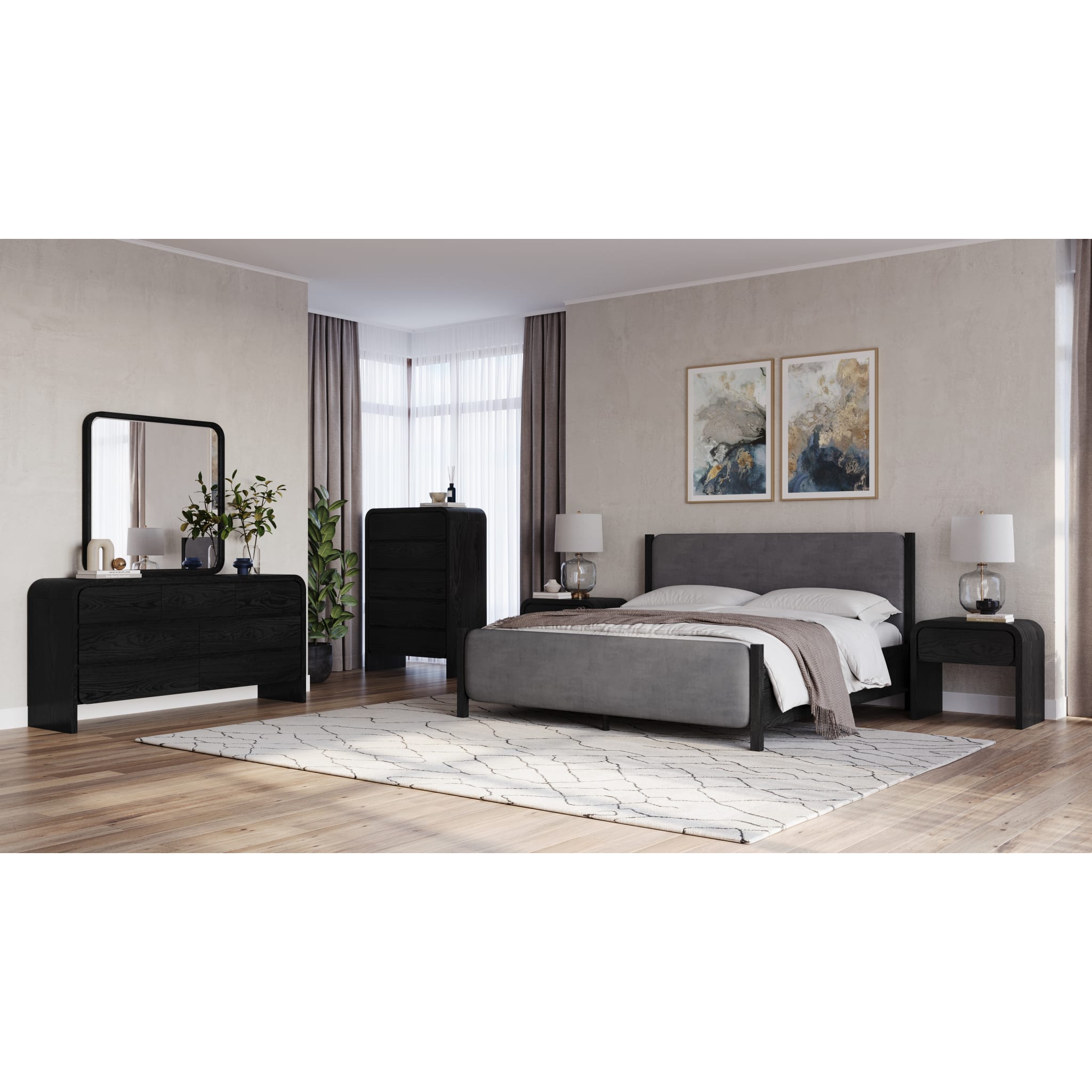 Elora Wood and Velvet Upholstered Bed in Jet and Charcoal