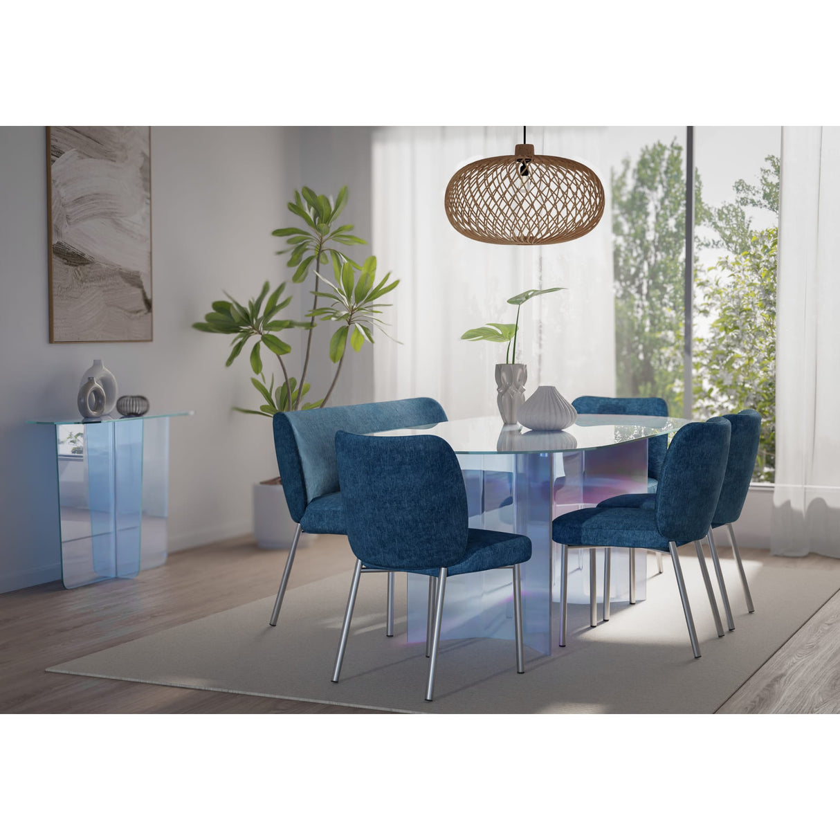 Fomo Chenille-upholstered Stainless Steel Base Dining Chair in Azure
