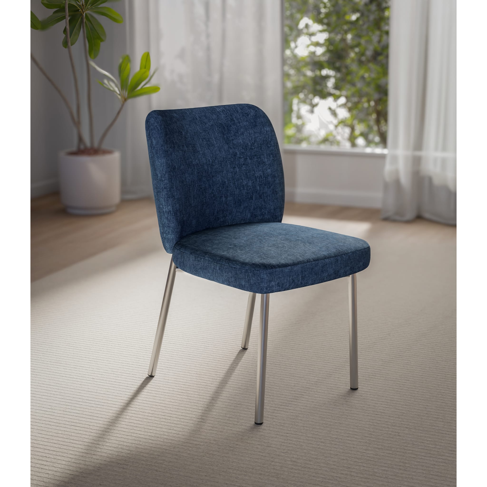 Fomo Chenille-upholstered Stainless Steel Base Dining Chair in Azure