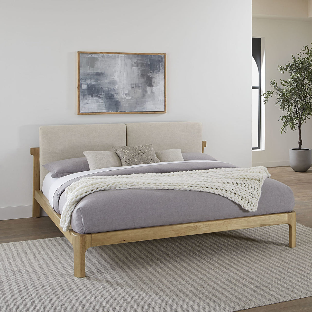 Furano Upholstered Two Cushion Platform Bed in Ginger and Natural Linen