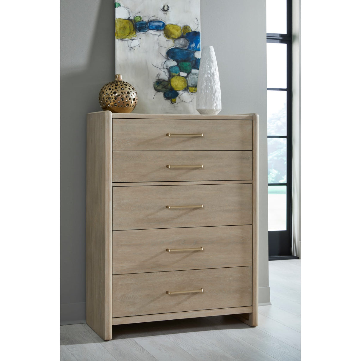 Gardenia Five Drawer Oak Wood Chest in Chai