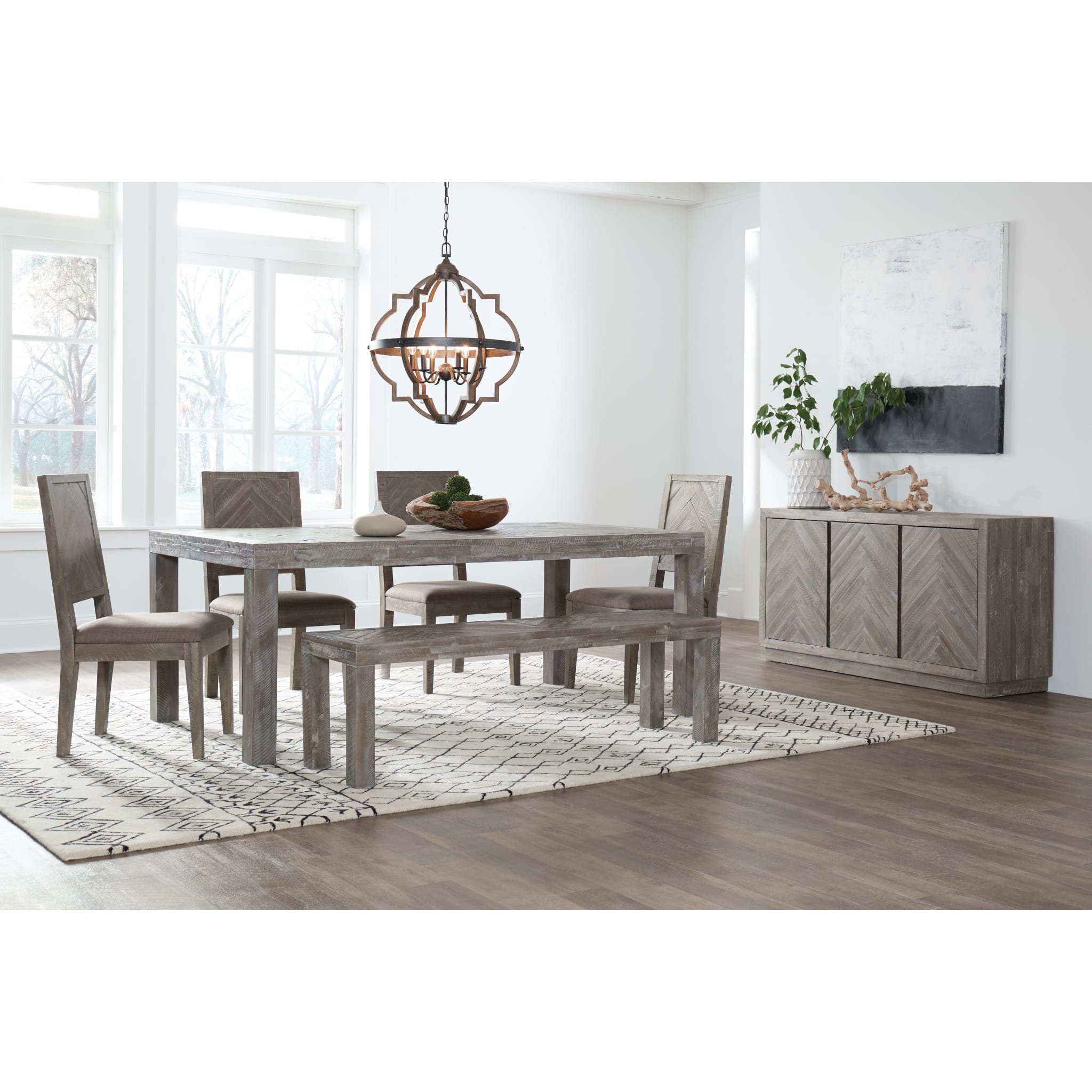 Herringbone Solid Wood Dining Bench in Rustic Latte