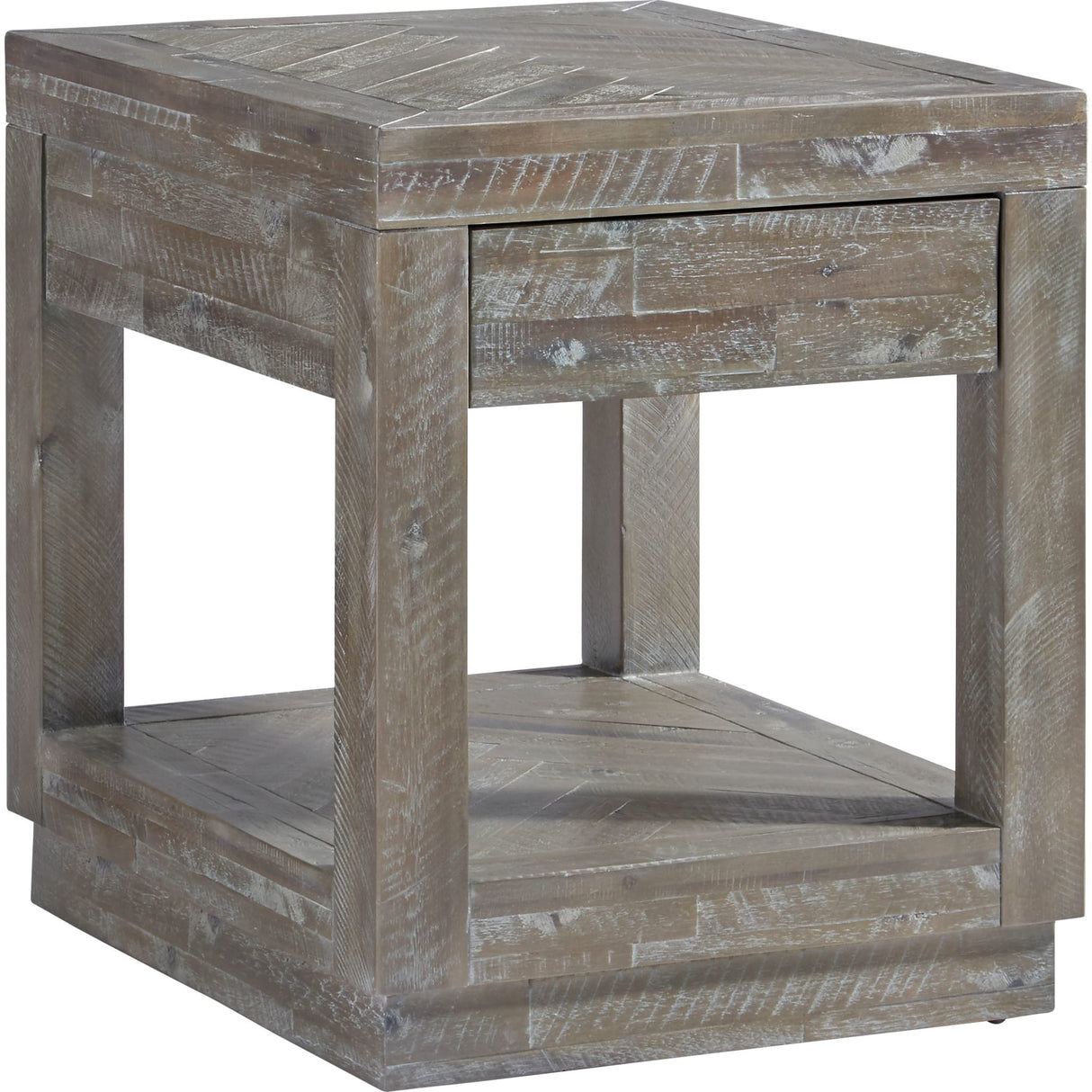 Herringbone Solid Wood One Drawer End Table in Rustic Latte