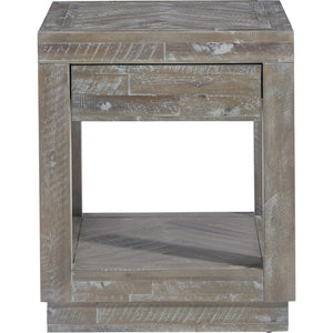 Herringbone Solid Wood One Drawer End Table in Rustic Latte