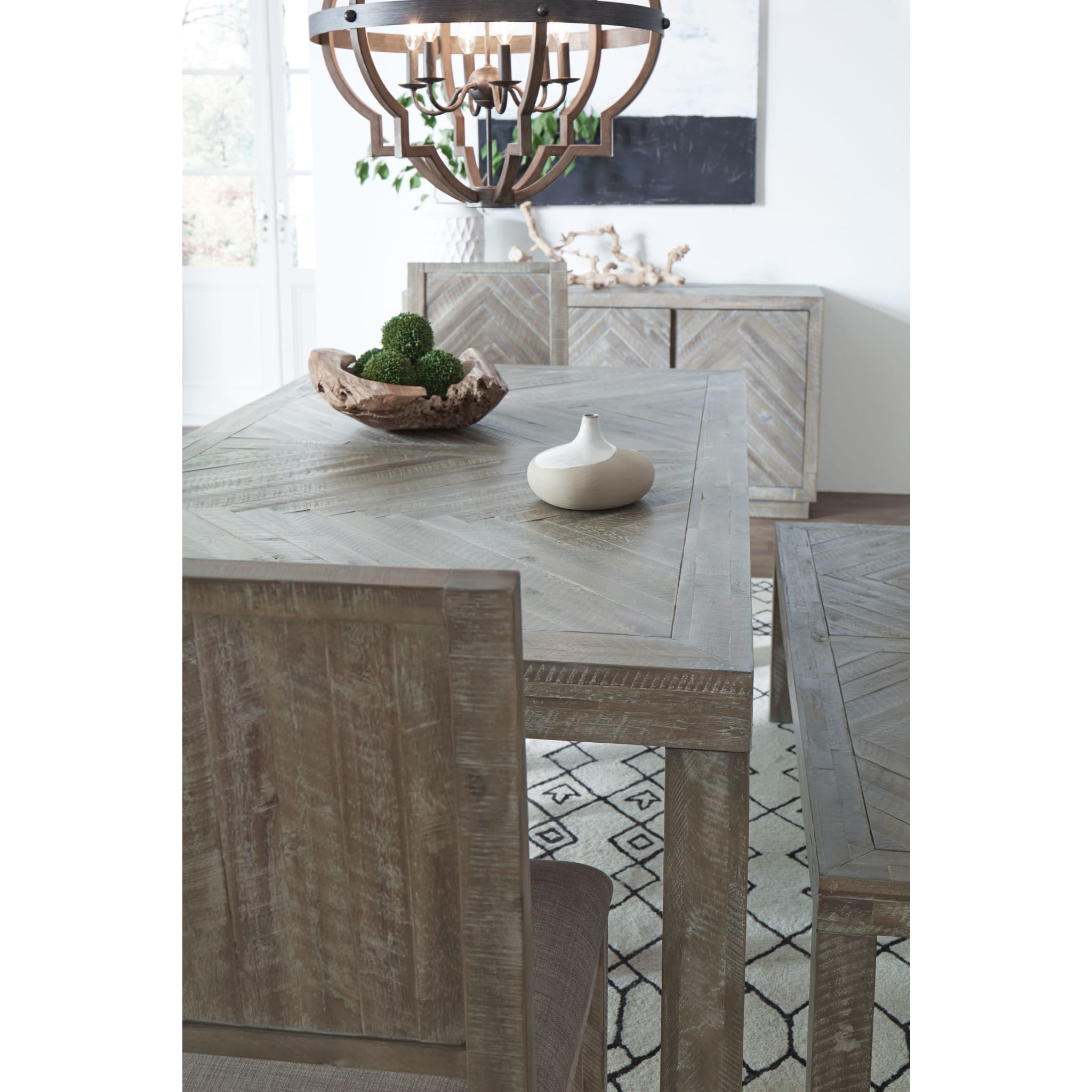 Herringbone Solid Wood Rectangular Dining Table in Rustic Latte