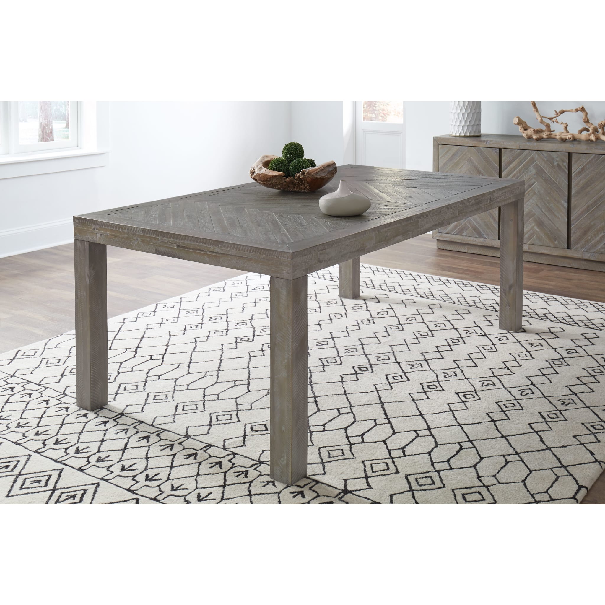 Herringbone Solid Wood Rectangular Dining Table in Rustic Latte