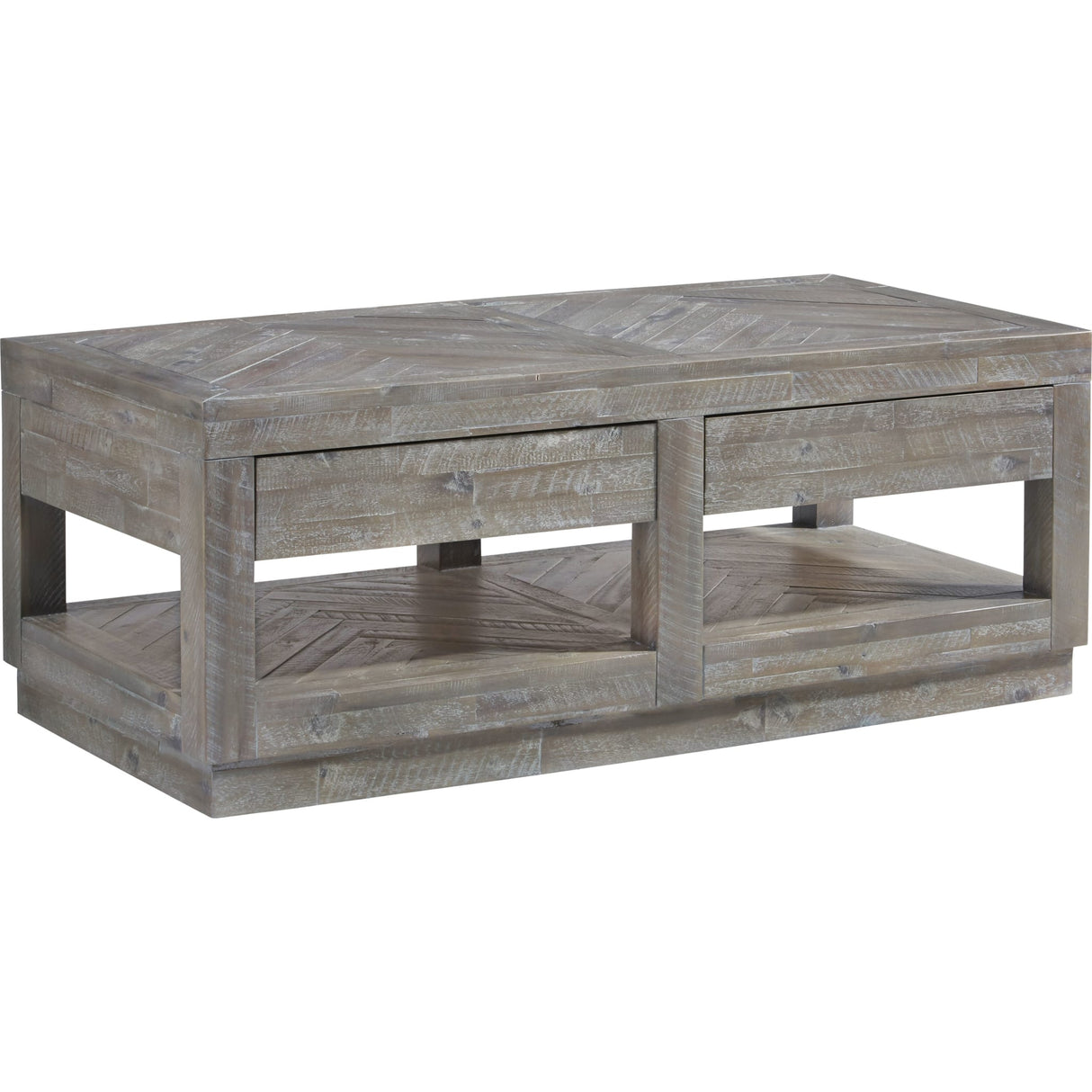Herringbone Solid Wood Two Drawer Coffee Table in Rustic Latte