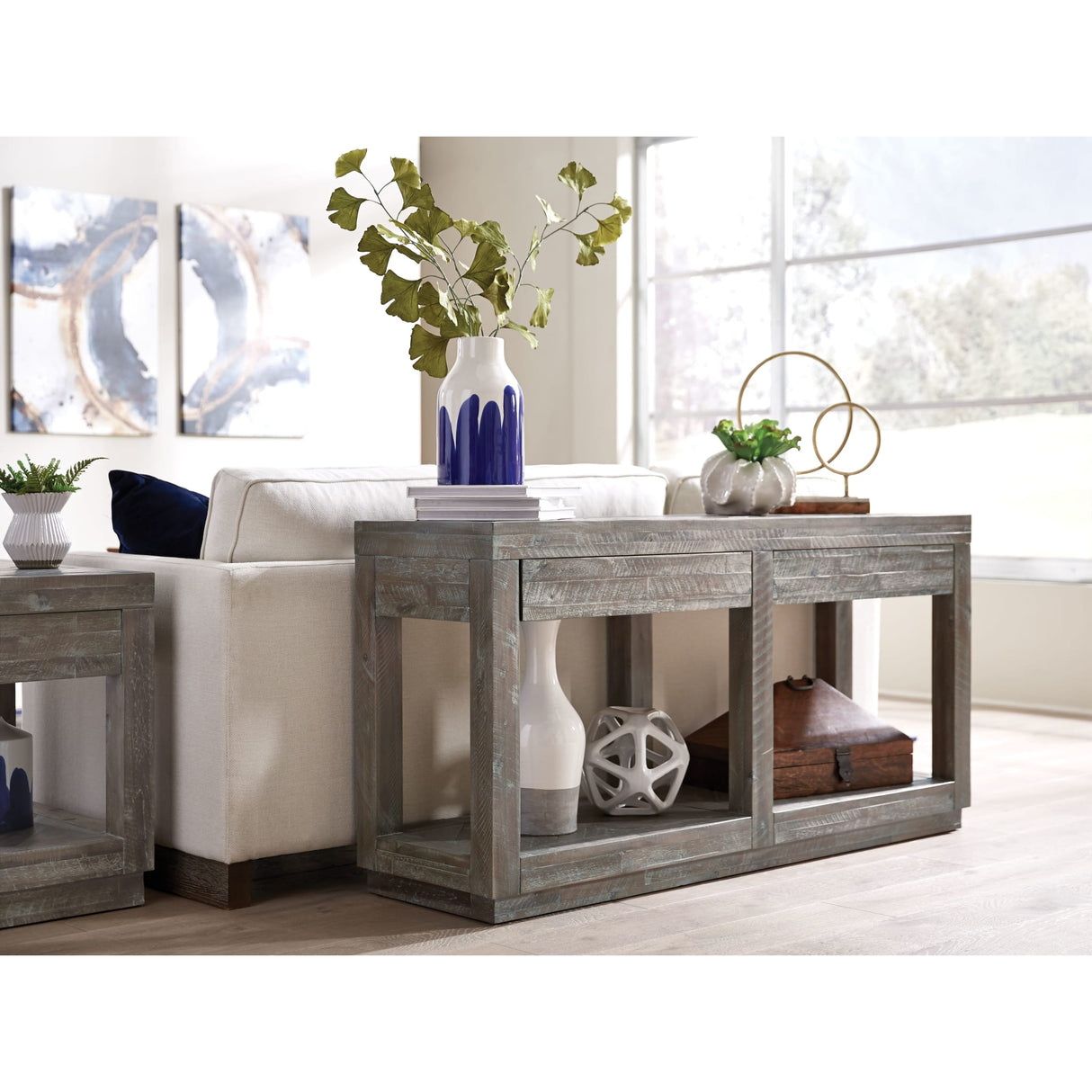 Herringbone Solid Wood Two Drawer Console in Rustic Latte