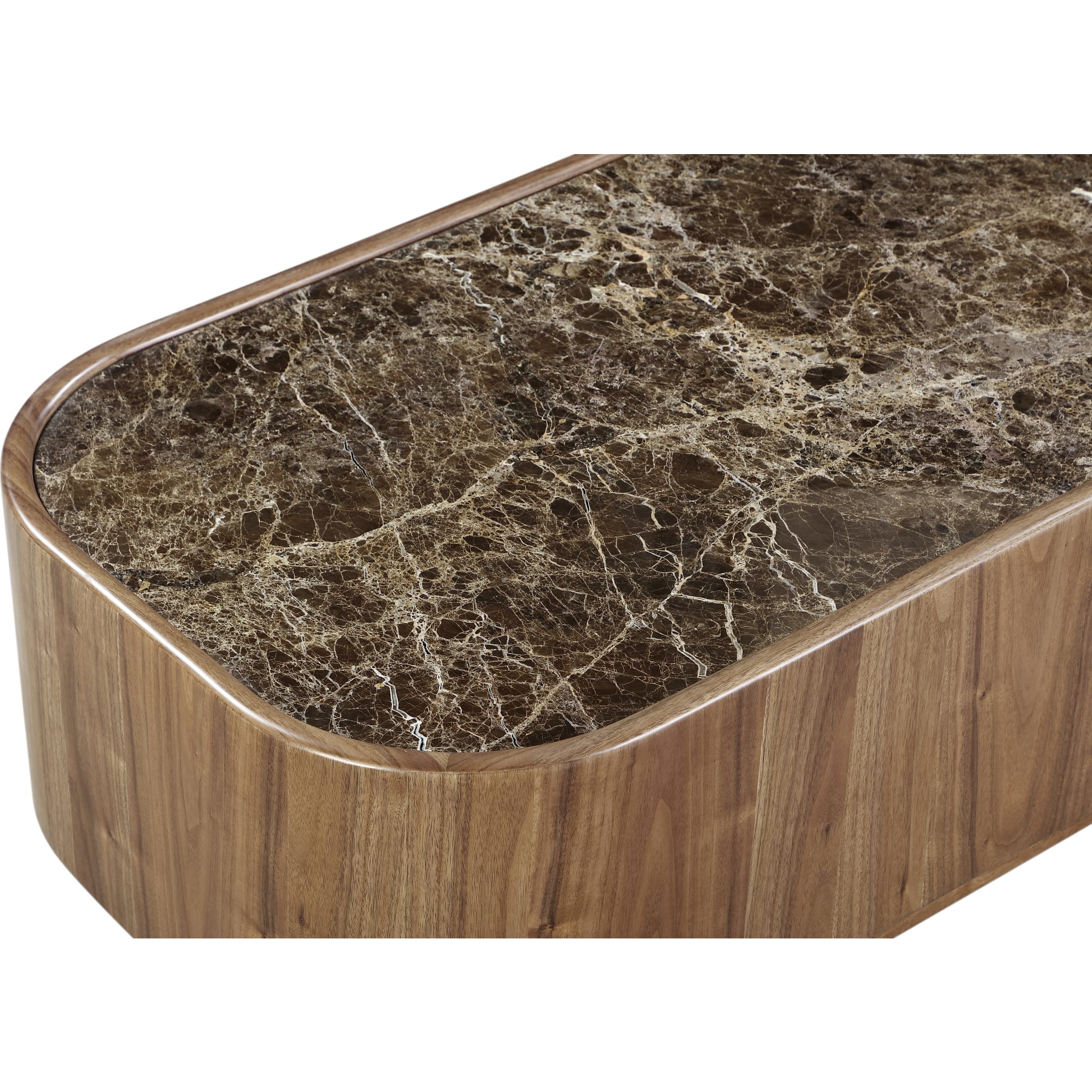 Juba Natural Marble and Walnut Coffee Table with Casters in Mongoose