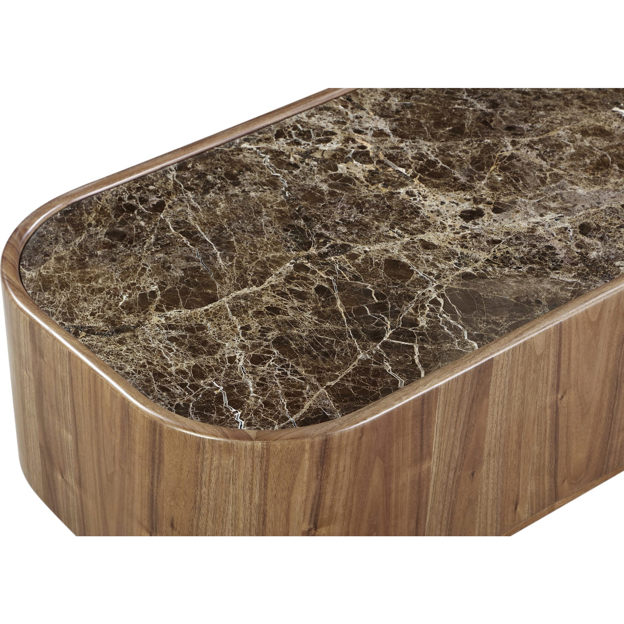 Juba Natural Marble and Walnut Coffee Table with Casters in Mongoose