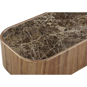 Juba Natural Marble and Walnut Coffee Table with Casters in Mongoose