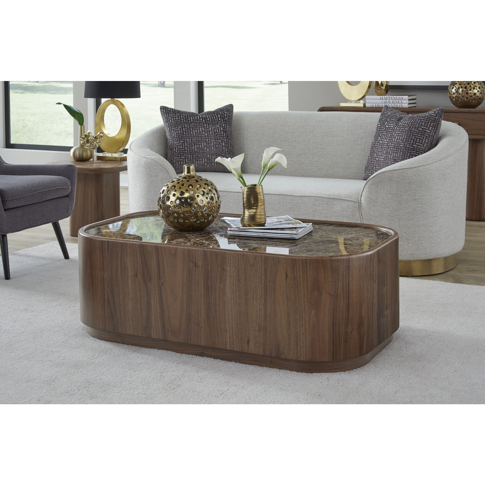 Juba Natural Marble and Walnut Coffee Table with Casters in Mongoose