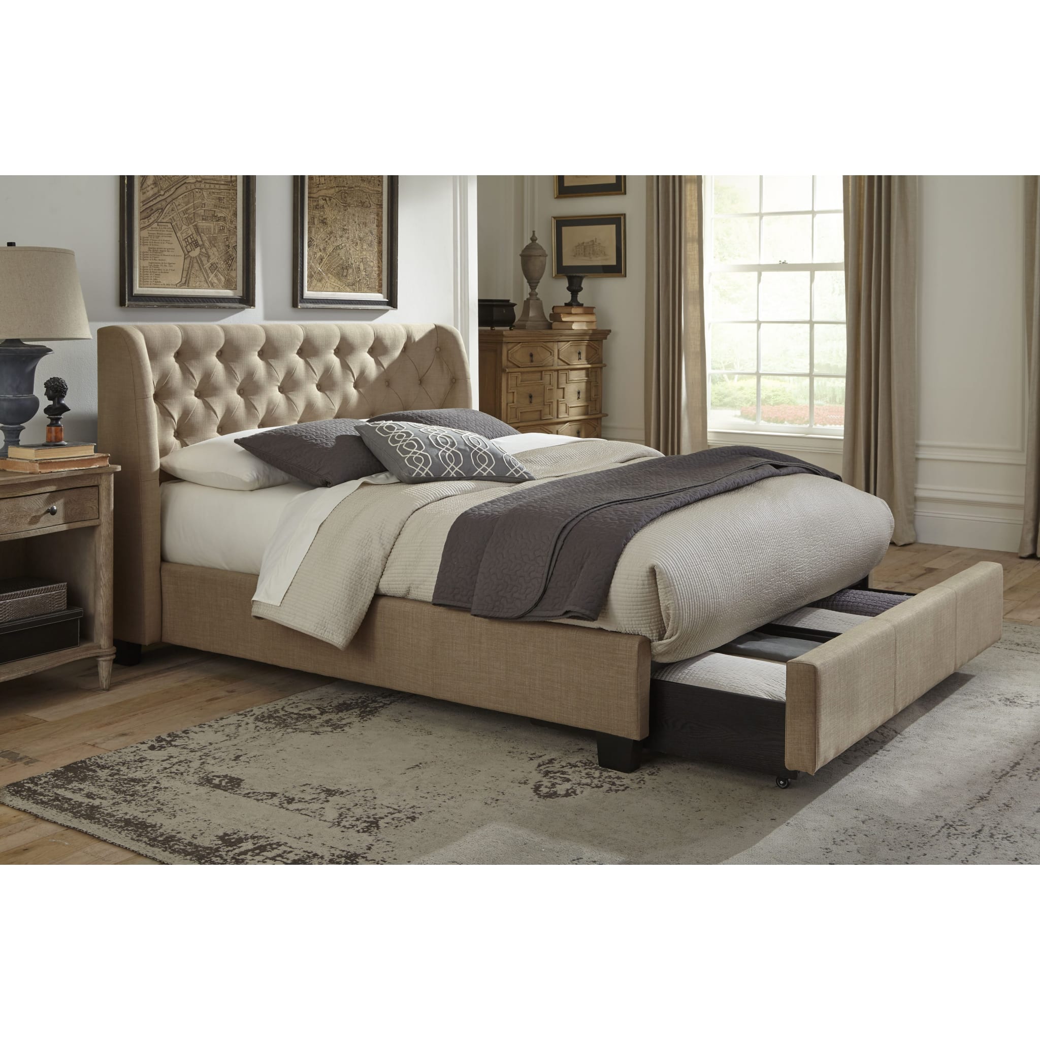 Levi Tufted Footboard Storage Bed in Toast Linen
