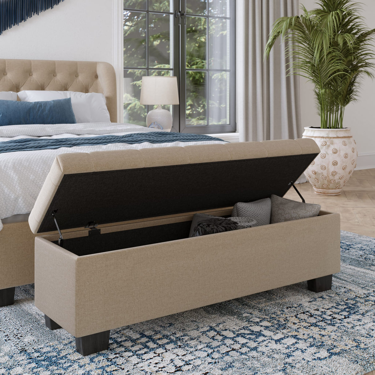 Levi Tufted Storage Bench in Toast Linen