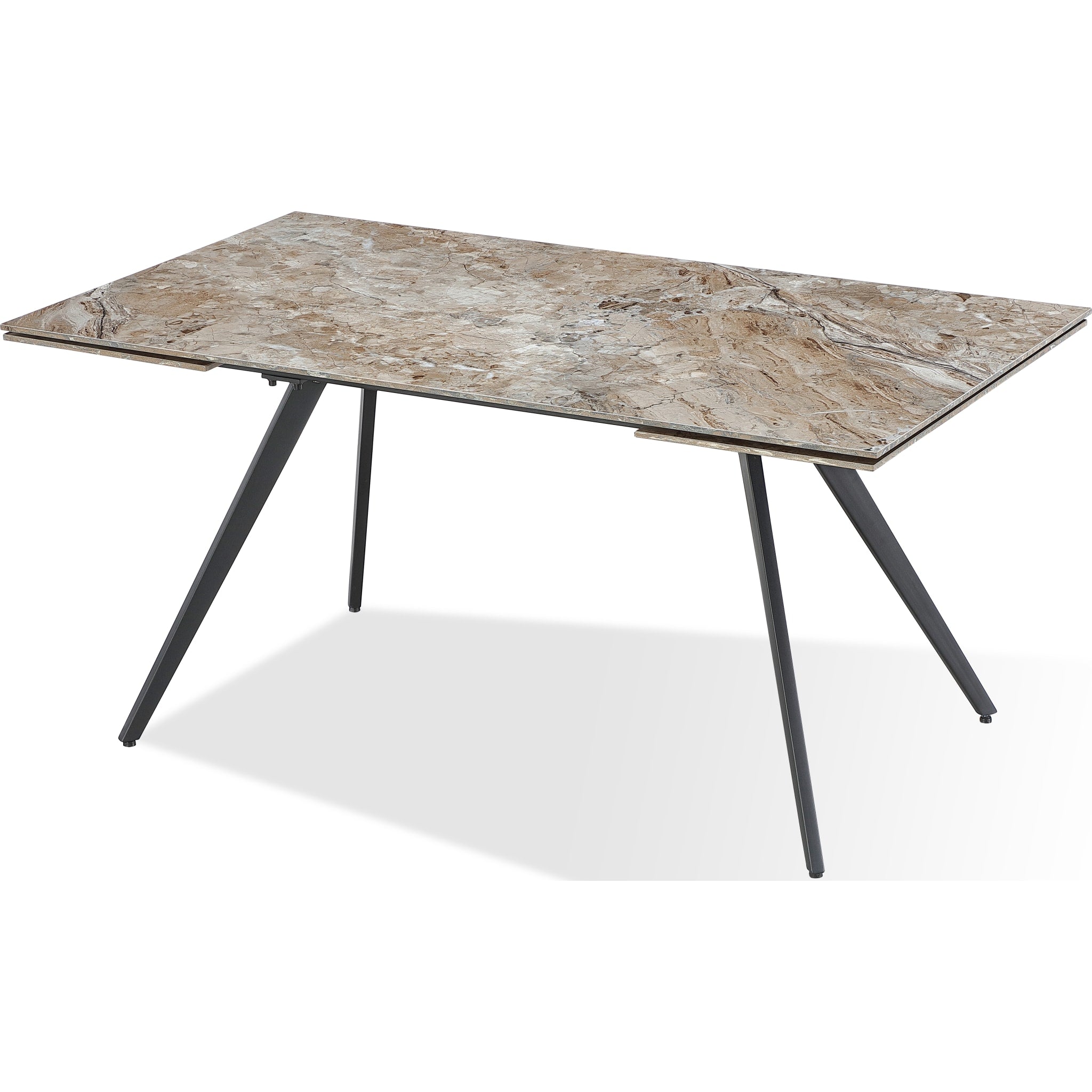 Lucia Double Extension Stone Top Metal Leg Dining Table in Rich Brown and Black