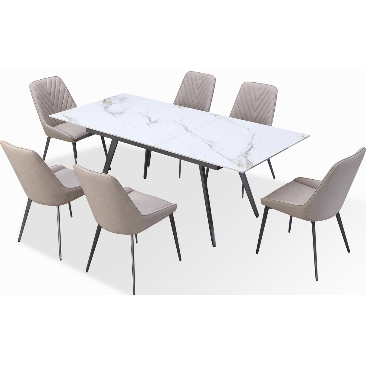 Lucia Extendable Stone Top Metal Leg Dining Table in Polished Cappuccino and Gunmetal