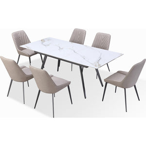 Lucia Extendable Stone Top Metal Leg Dining Table in Polished Cappuccino and Gunmetal