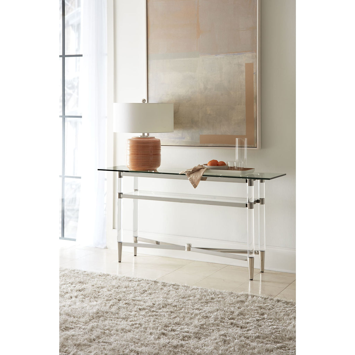 Marilyn Glass Top Dining Server in Polished Stainless Steel and Clear Acrylic