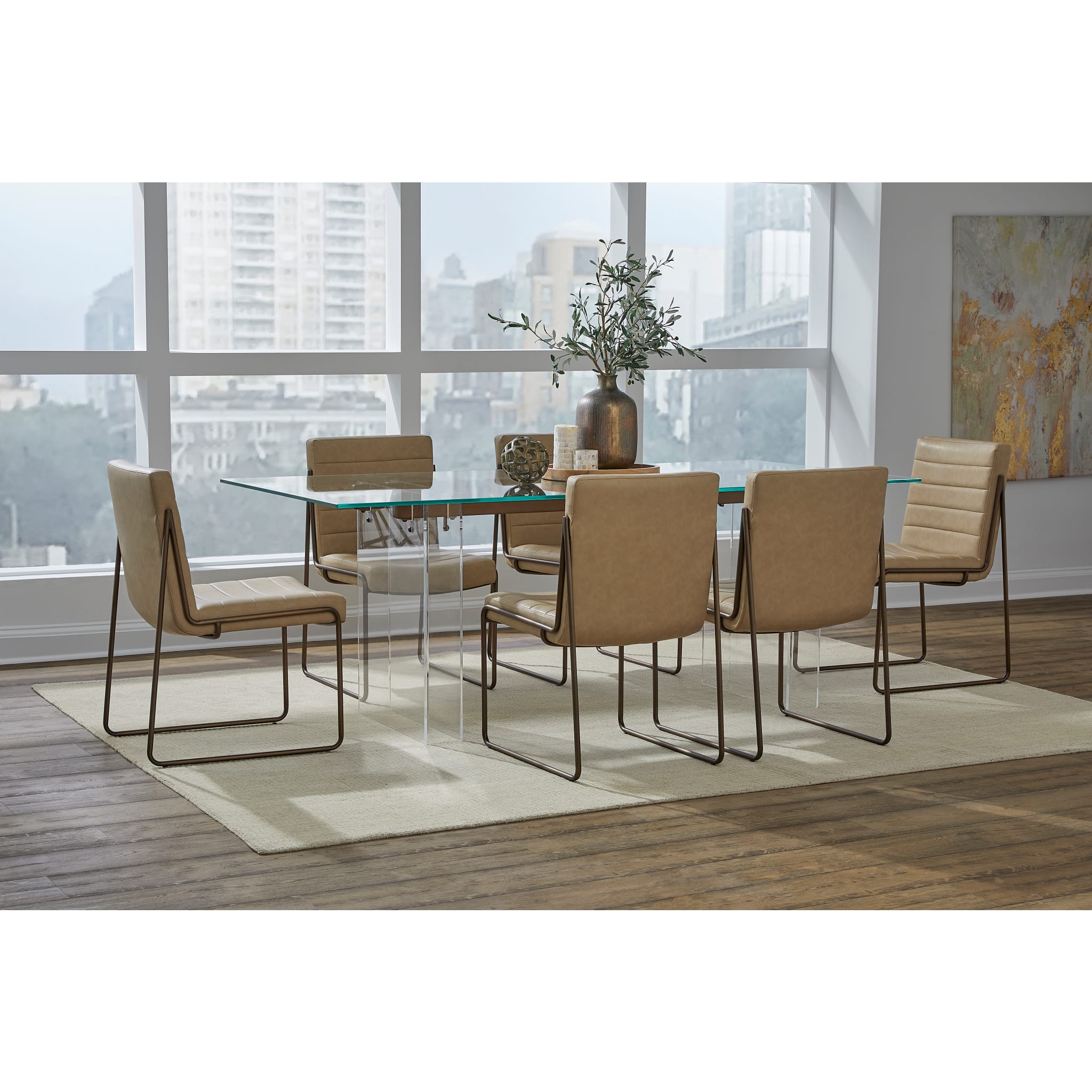 Moorea Double Pedestal Rectangular Dining Table in Clear Acrylic, Glass and Bronze Metal
