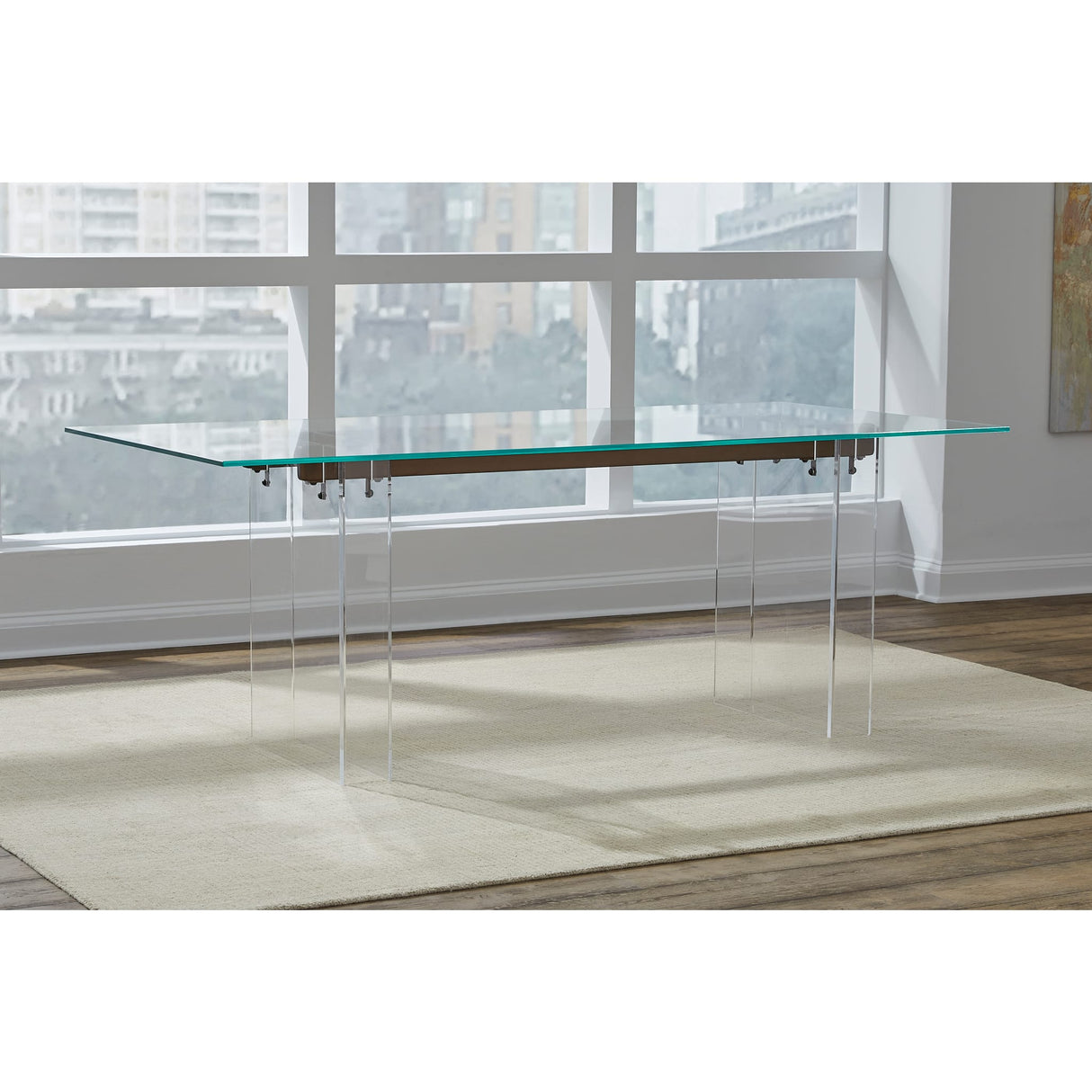 Moorea Double Pedestal Rectangular Dining Table in Clear Acrylic, Glass and Bronze Metal