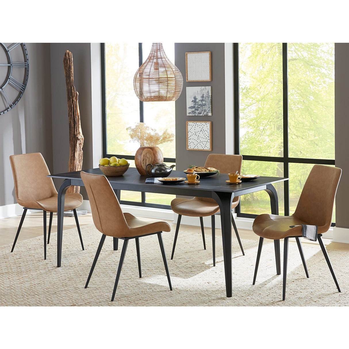 Nicoya Stone Top Rectangular Dining Table in Black Stone and Black Metal