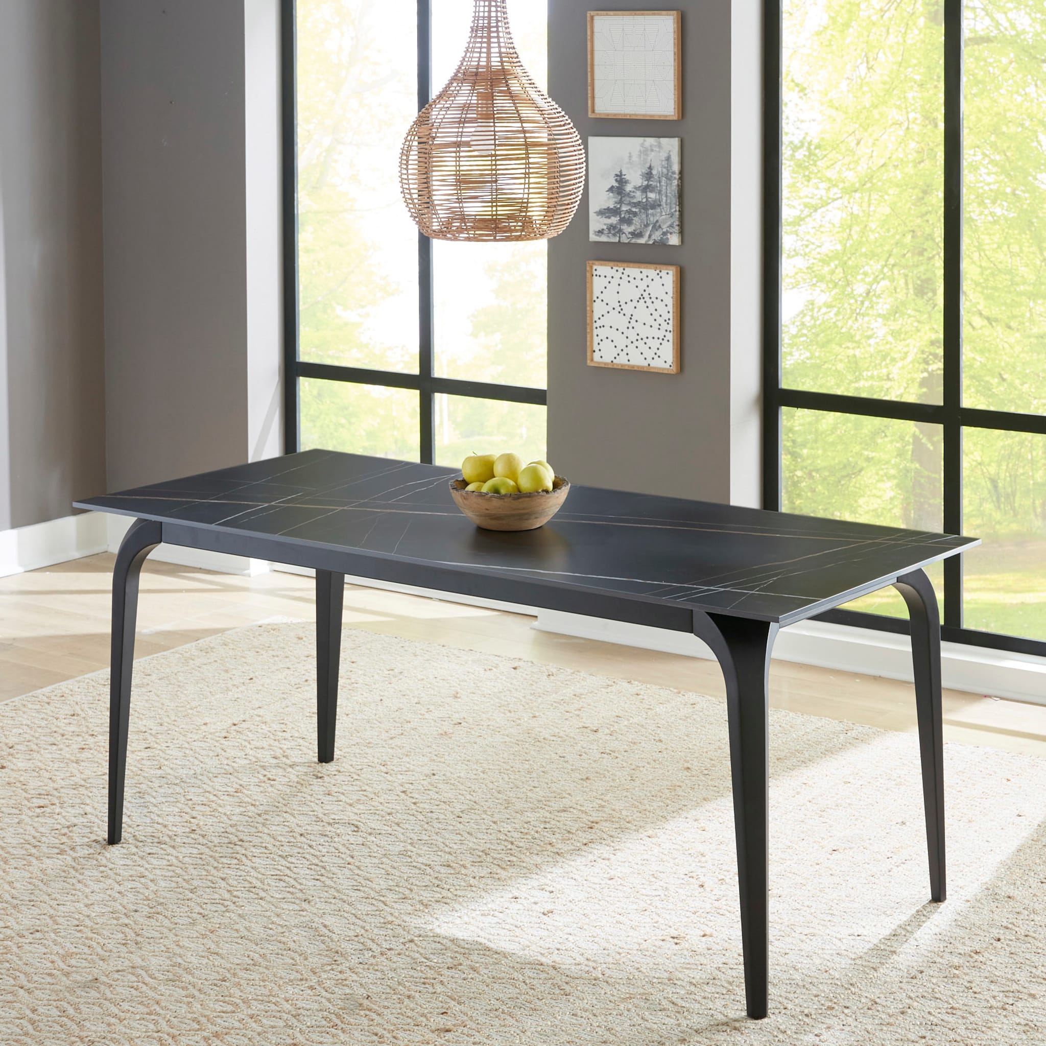 Nicoya Stone Top Rectangular Dining Table in Black Stone and Black Metal