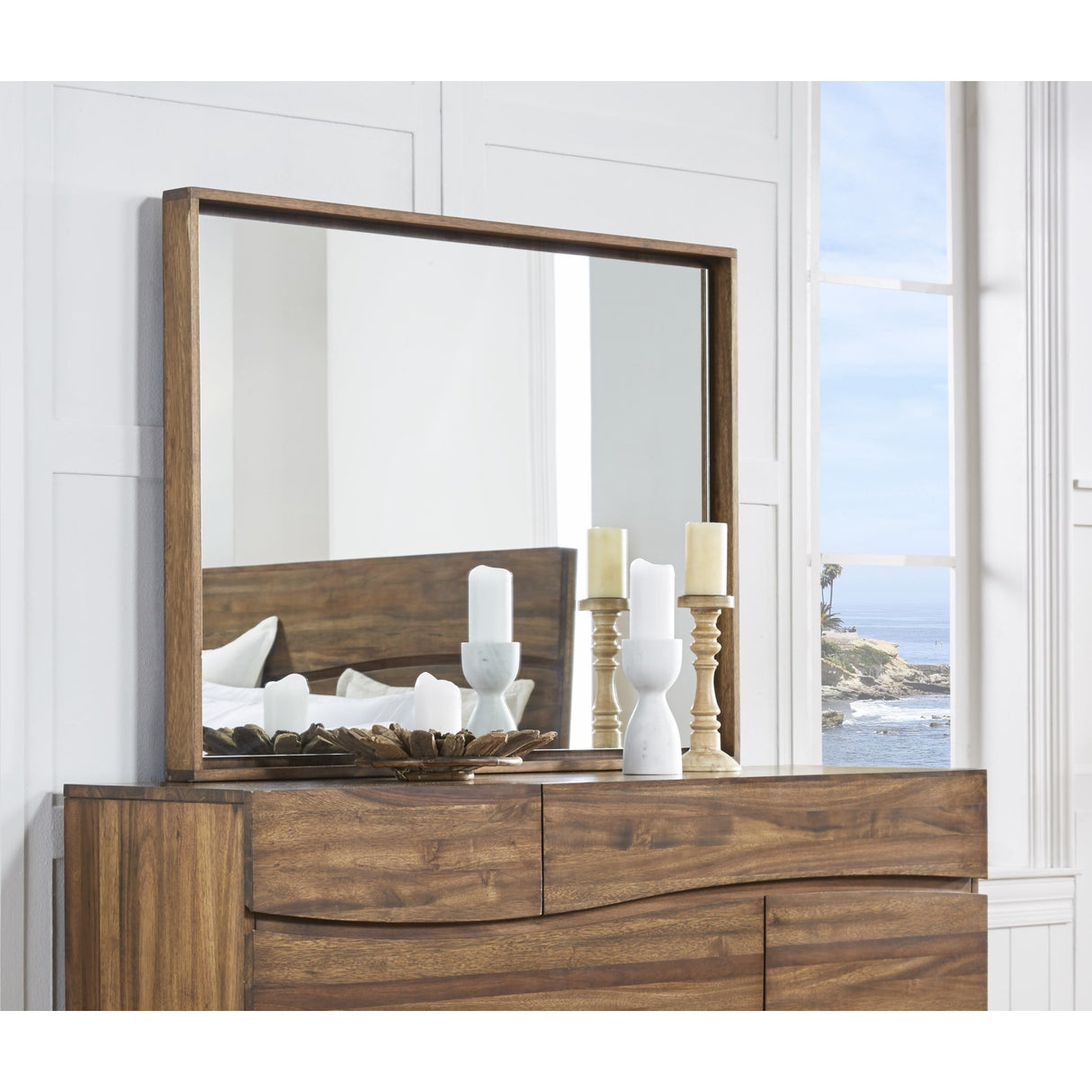 Ocean Solid Wood Floating Glass Mirror in Natural Sengon
