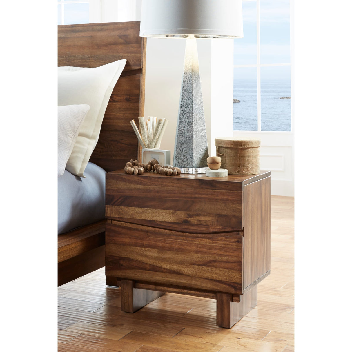 Ocean Two Drawer Solid Wood Nightstand in Natural Sengon