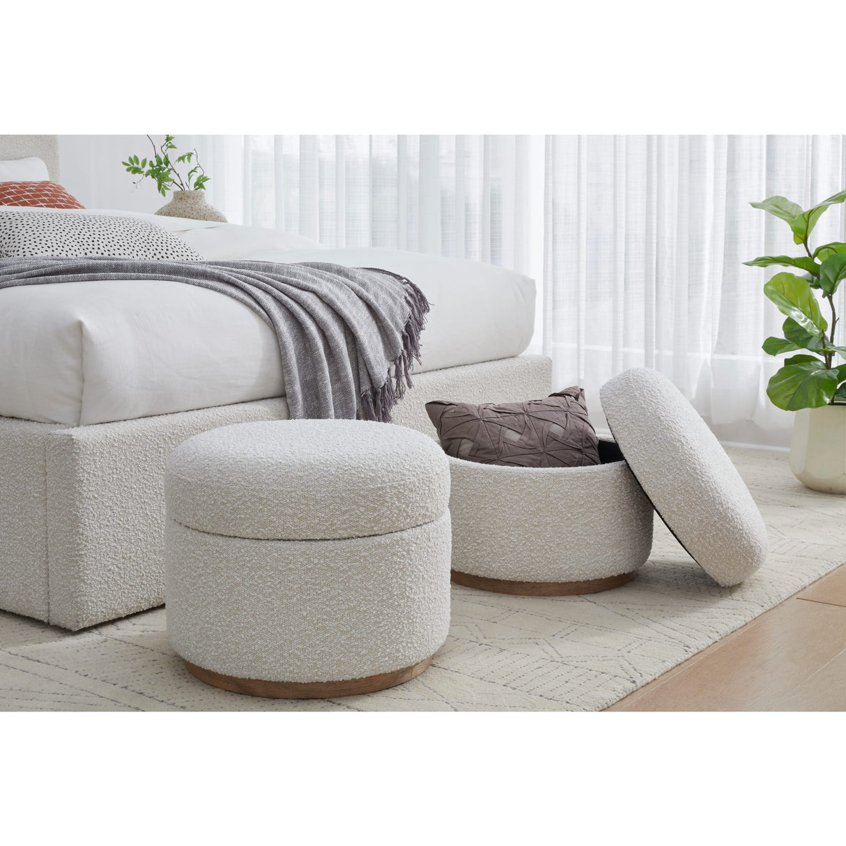 Off-White Upholstered Storage Ottoman in Ricotta Boucle
