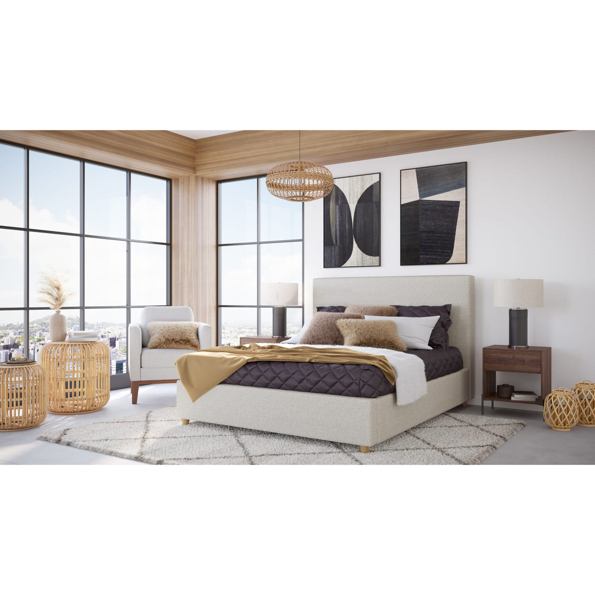 Olivia Upholstered Platform Bed in Ivory