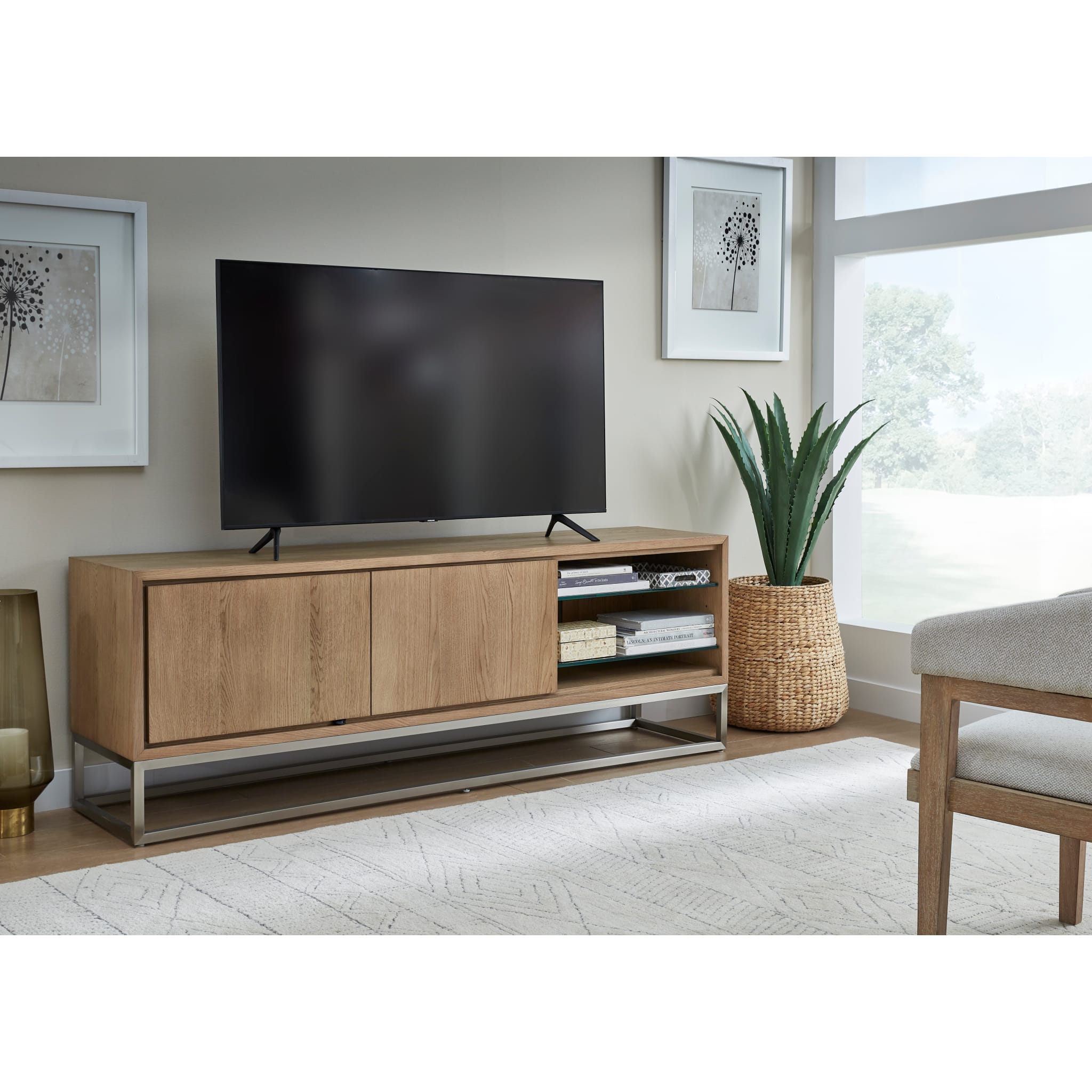 One Coastal Modern 74 inch TV Console in Brushed Stainless Steel and Bisque