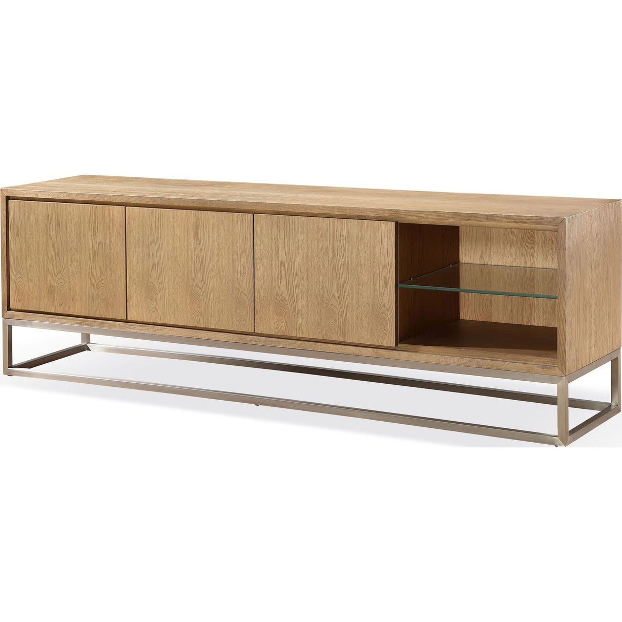 One Coastal Modern 84 inch TV Console in Brushed Stainless Steel and Bisque