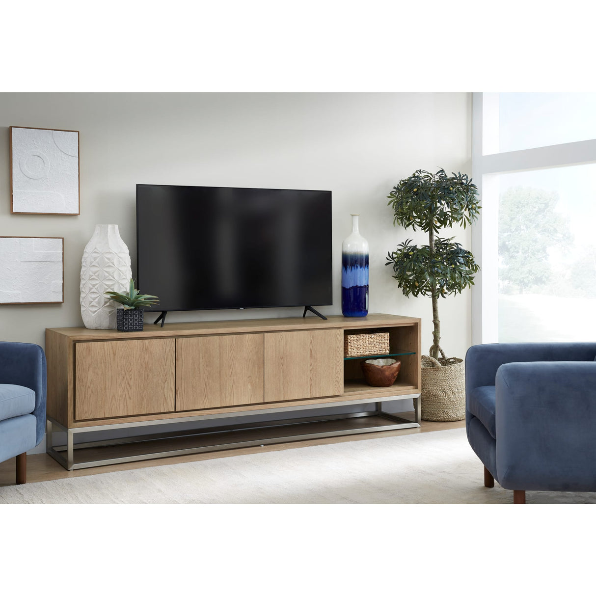 One Coastal Modern 84 inch TV Console in Brushed Stainless Steel and Bisque