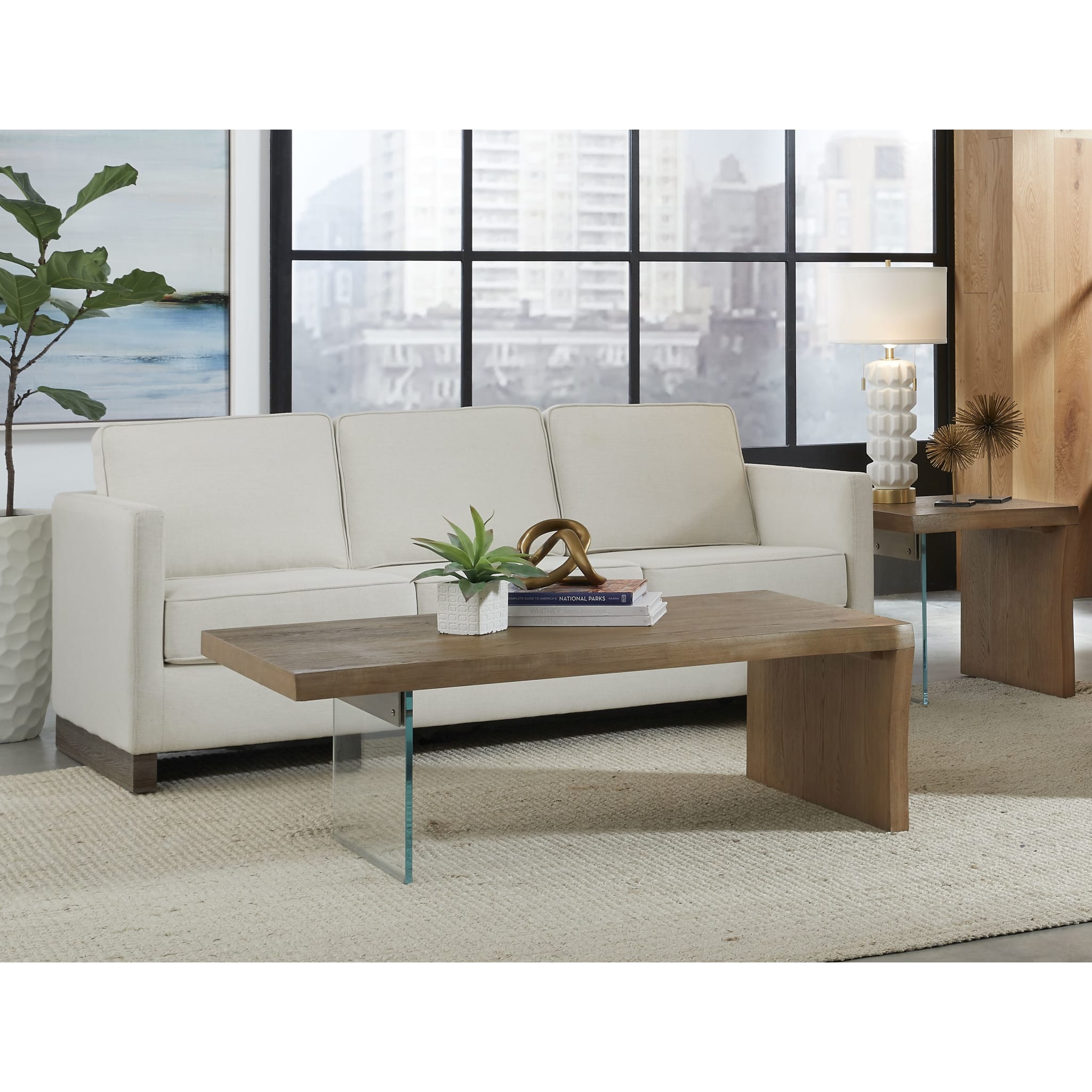 One Live-Edge White Oak and Glass Coffee Table in Bisque