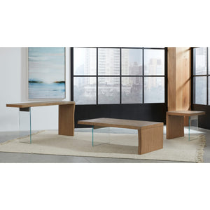 One Live-Edge White Oak and Glass Console Table in Bisque