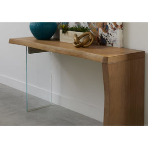 One Live-Edge White Oak and Glass Console Table in Bisque