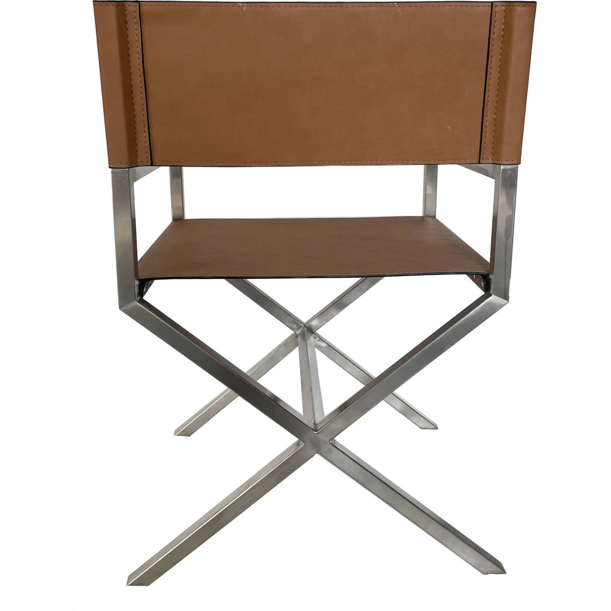 One Modern Coastal Director's Dining Arm Chair in Cognac and Brushed Stainless Steel
