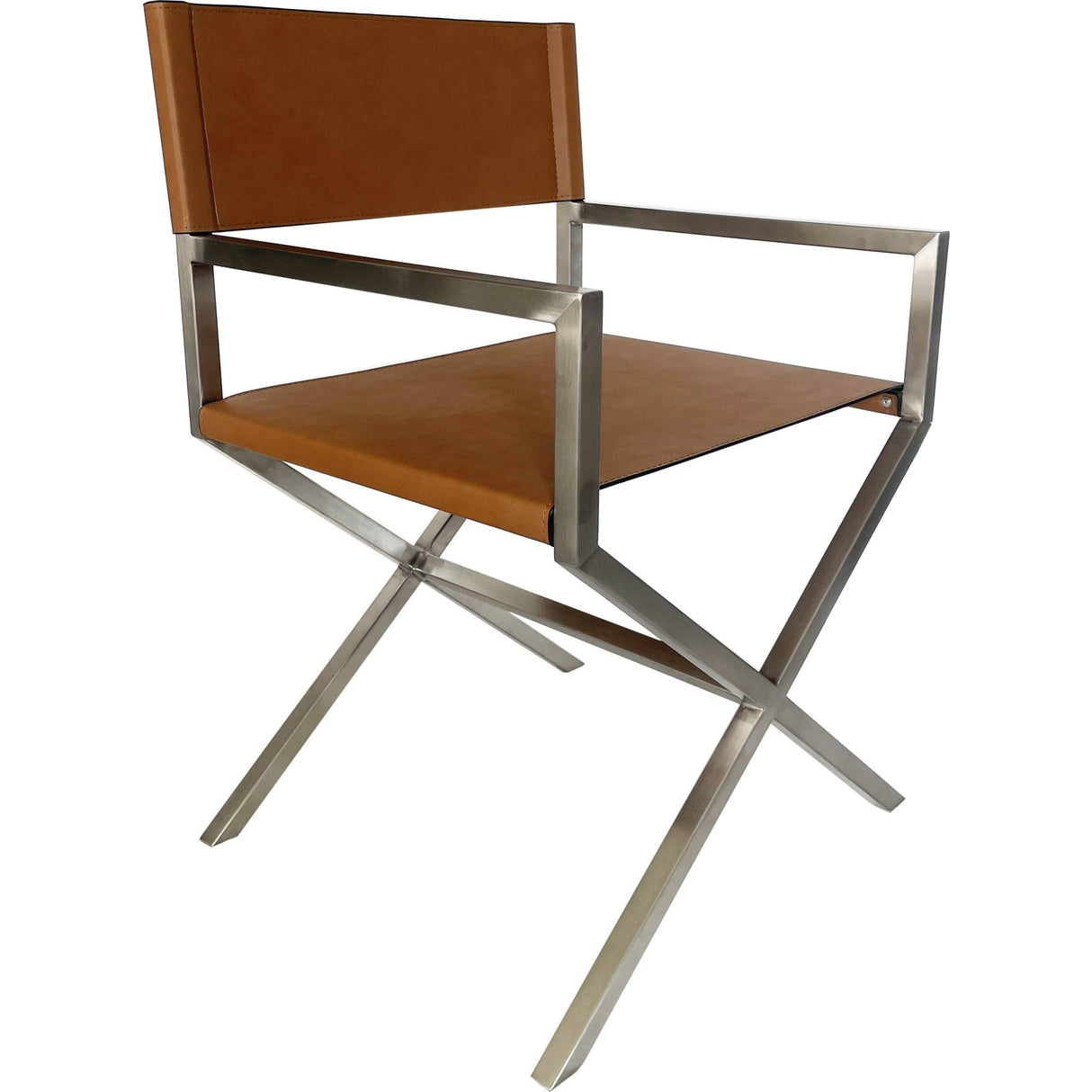 One Modern Coastal Director's Dining Arm Chair in Cognac and Brushed Stainless Steel